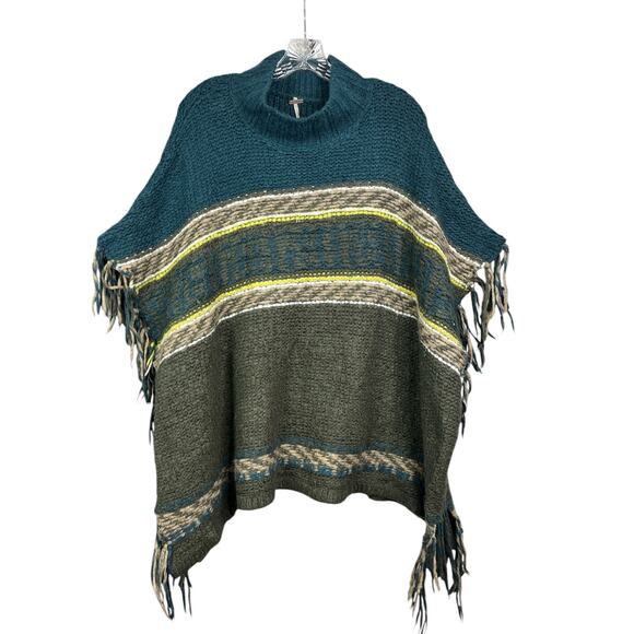 Free People Labyrinth Fringed Poncho Striped Sweater  XS/S Cabincore0 - Picture 1 of 9